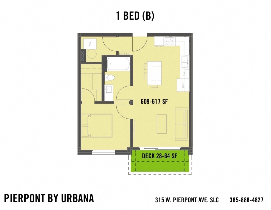 Floor plan for 1 bed, 1 bath, 613 sqft